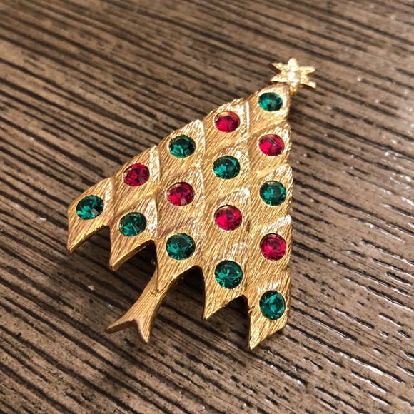 Vtg. LIA Red Green Rhinestone Christmas Tree Pin - Picture 5 of 12